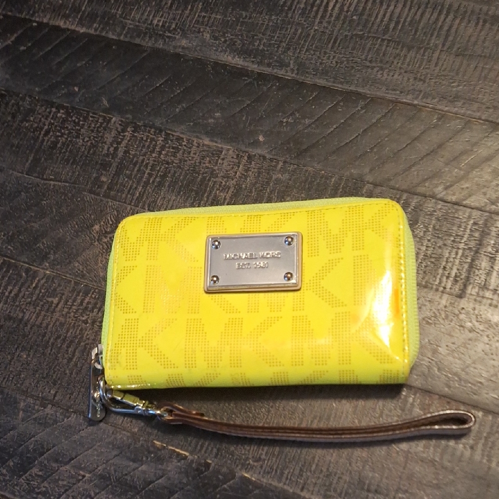 Michael Kors Neon Lemon Wristlet with Tan Accents